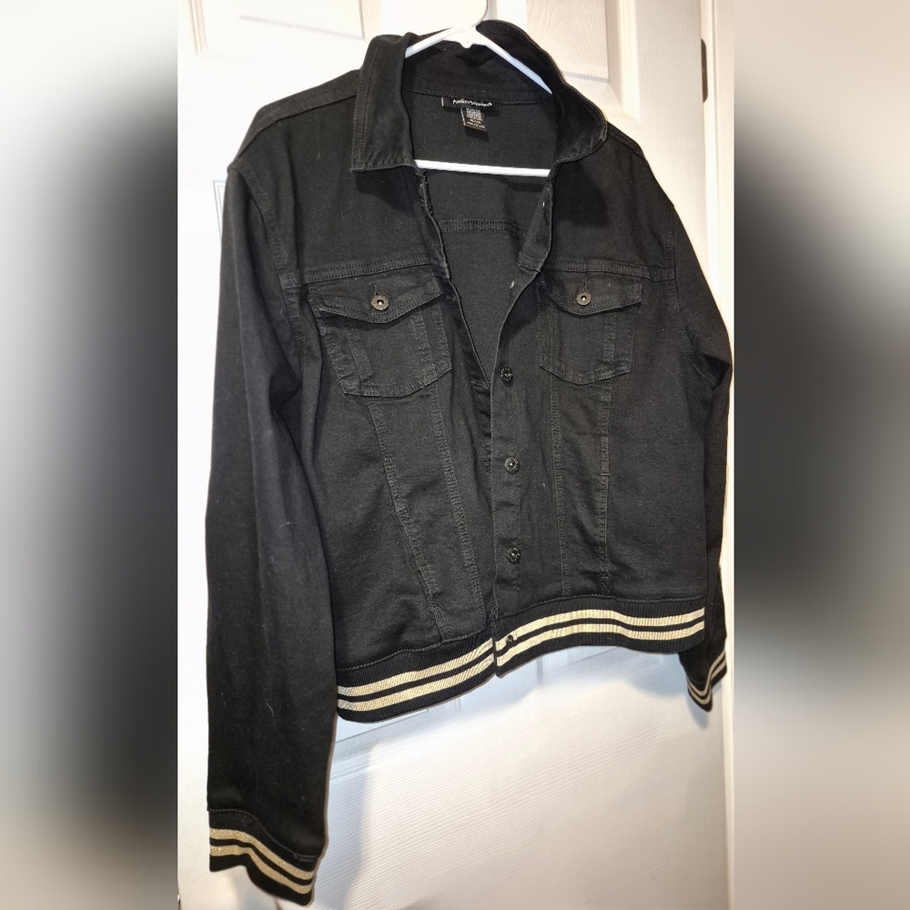 Ashley Stewart Black Bomber Jacket with Striped Hem
